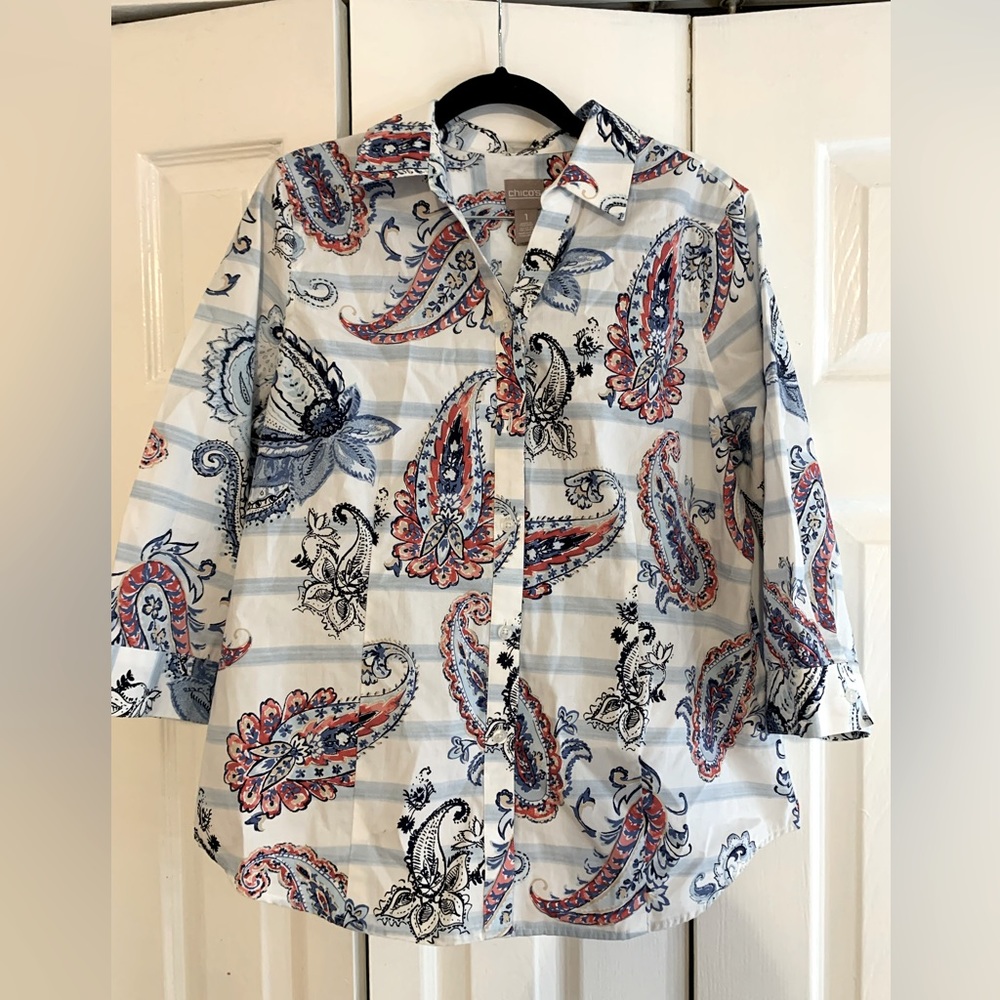 Women’s chico’s wrinkle resistant paisley button front shirt size 1